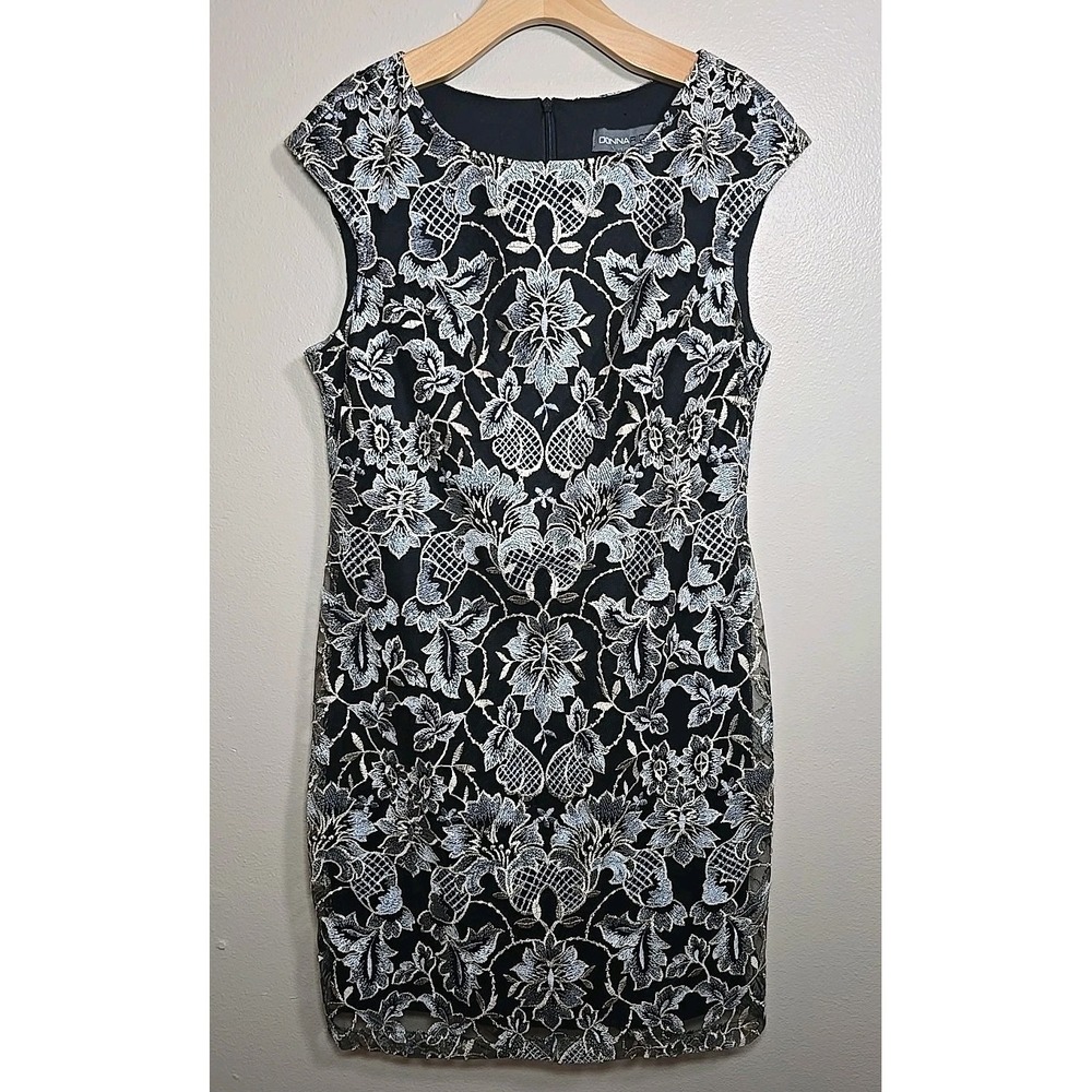Donna‎ Ricco Dress Size 10 Sleeveless Black w Gold / Silver Floral